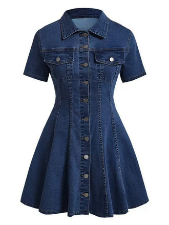 Blaues 50er Jeans-Kleid mit Kurzarm und Reverskragen