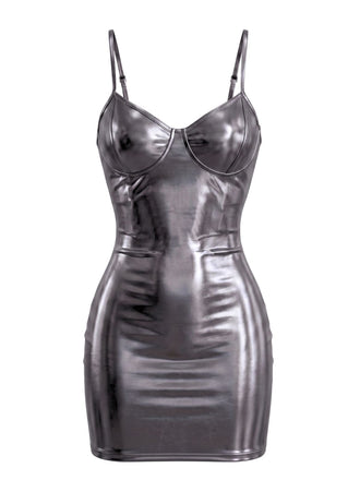 Graues 60er Metallic-Minikleid mit Holo-Effekt und Spaghettiträgern