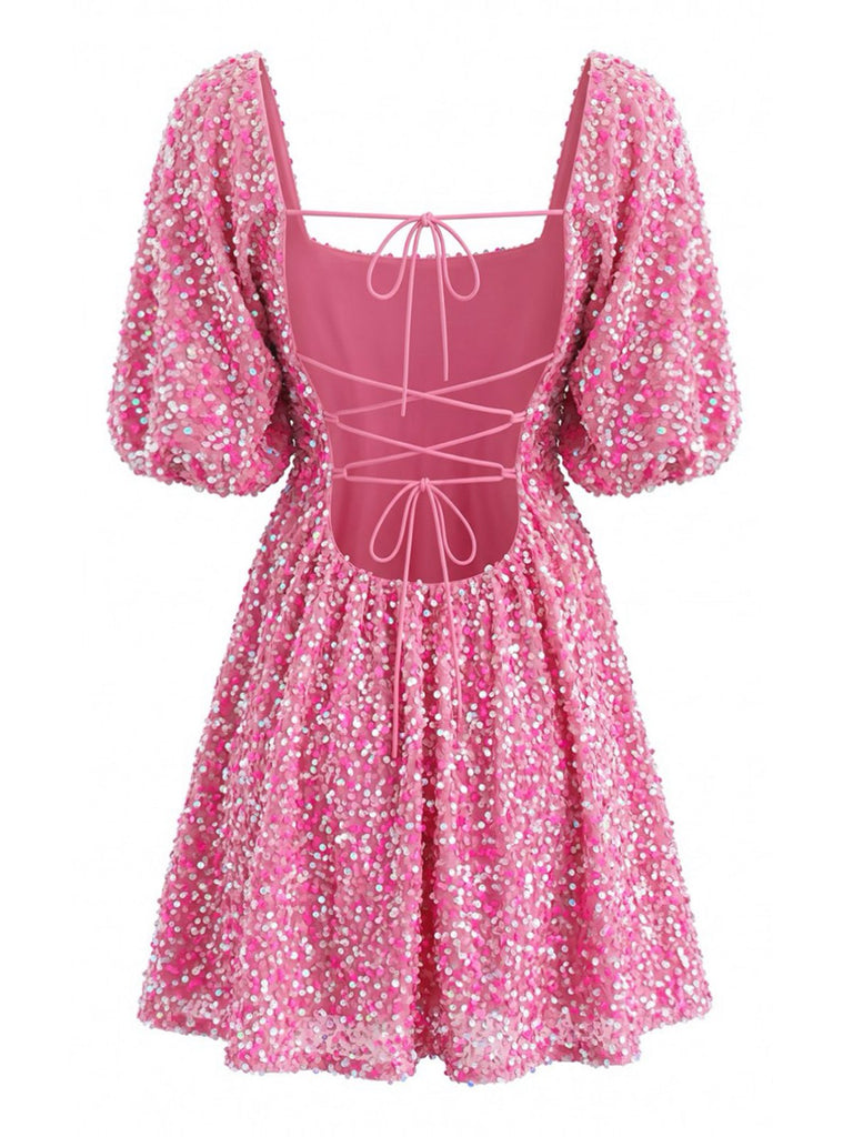60er Paillettenkleid mit Karree-Ausschnitt und Puffärmeln