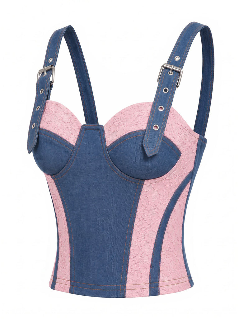 Blau 50er Jeans-Korsett mit Spitze und Kontrast