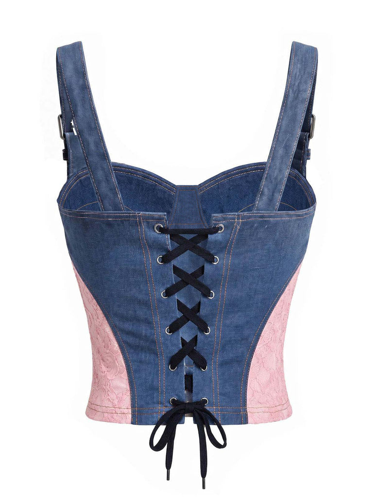 Blau 50er Jeans-Korsett mit Spitze und Kontrast