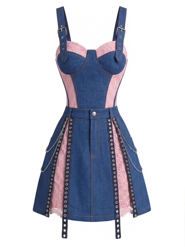 Blau 50er Jeans-Korsett mit Spitze