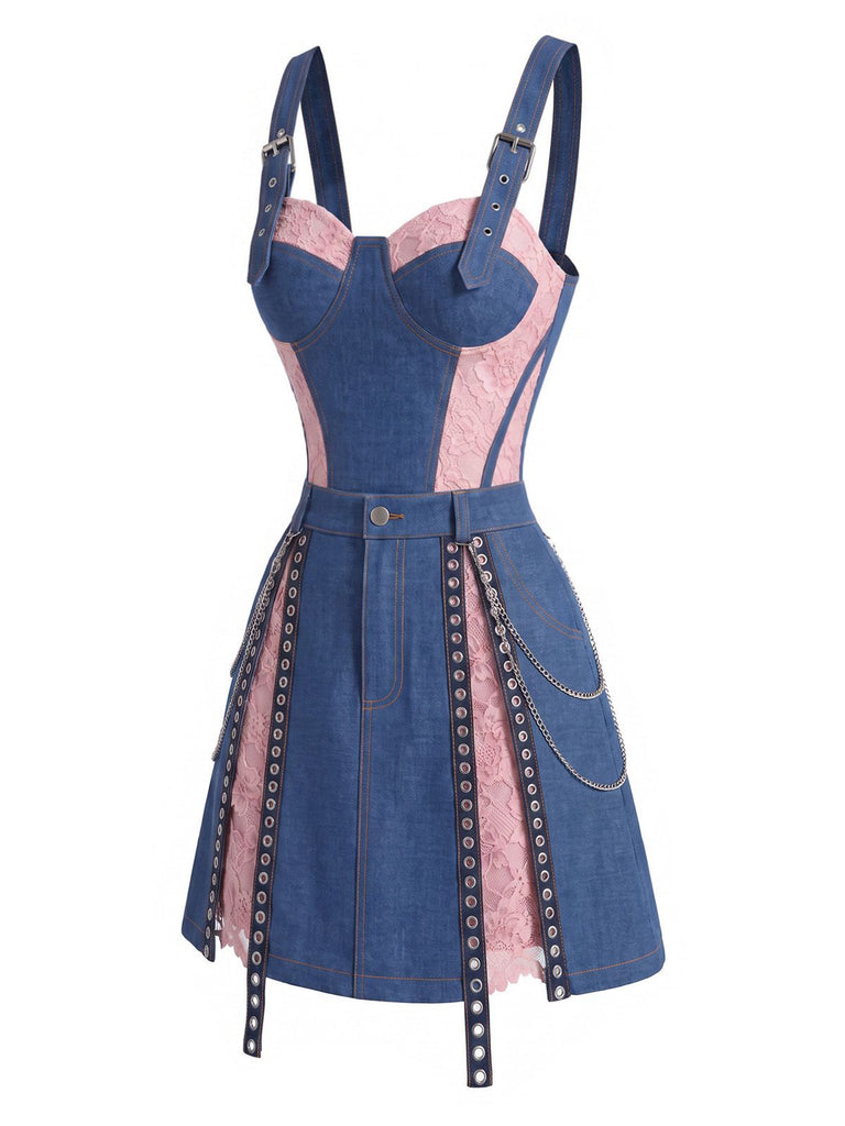 Blau 50er Jeans-Korsett mit Spitze