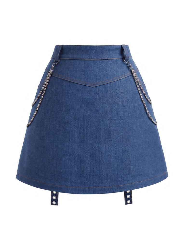 Blauer 50er Jeans-Rock mit Spitzen-Einsatz und Detail