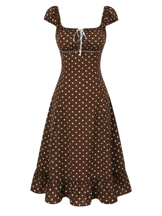 Braunes 40er Kleid mit Eckiger Ausschnitt und Polka-Dots