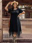 [Übergröße] 70er Boho-Kleid mit Rundhalsausschnitt und Fransensaum
