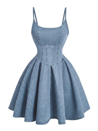 Hellblaues 50er Denim-Korsettkleid mit Spaghettiträgern