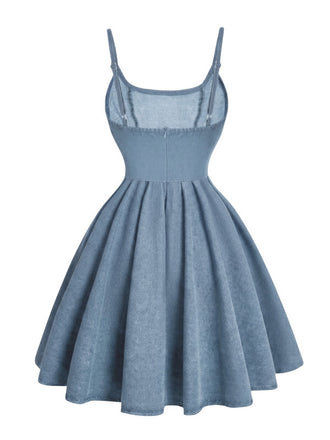 Hellblaues 50er Denim-Korsettkleid mit Spaghettiträgern
