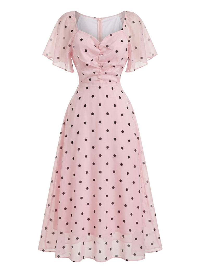 Rosa 40er Midikleid mit Puffärmel und Polka-Dots