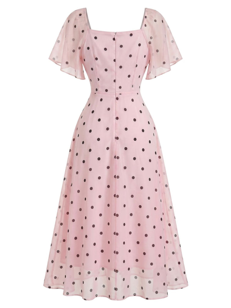 Rosa 40er Midikleid mit Puffärmel und Polka-Dots