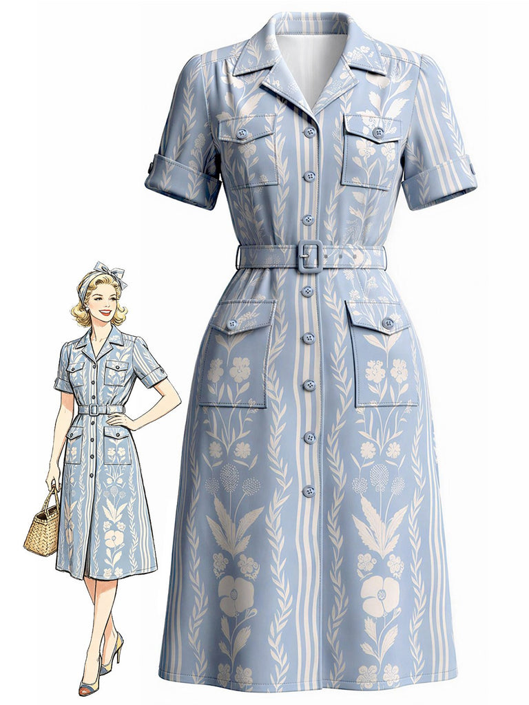 [Vorverkauf] Blaues 40er Hemdblusenkleid mit Pflanzenprint und Taschen