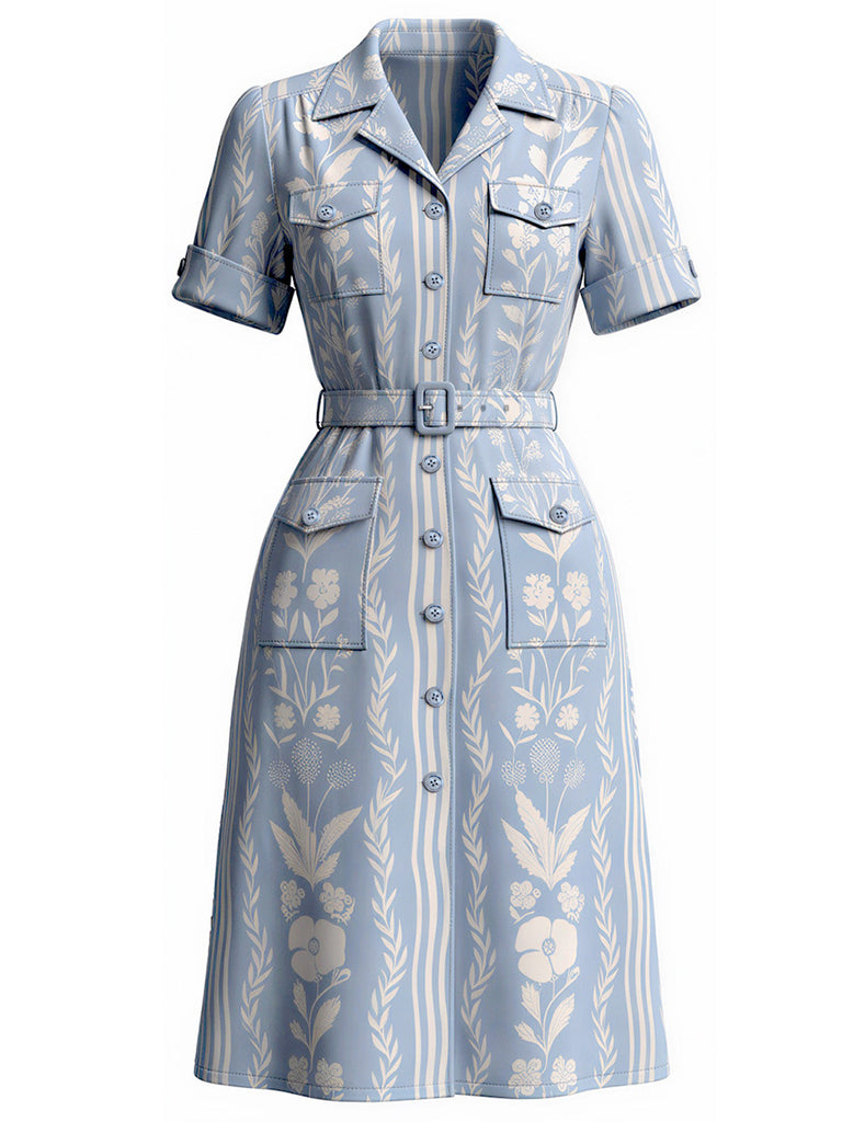 Blaues 40er Kleid mit Pflanzenprint und Schlitz