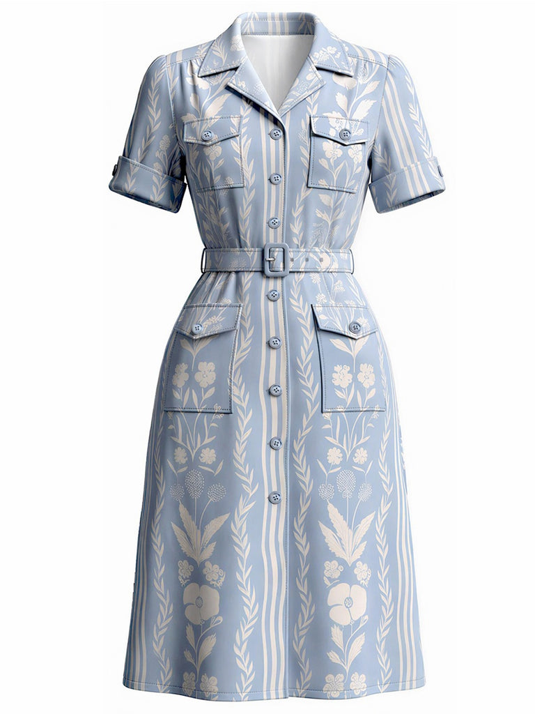 [Vorverkauf] Blaues 40er Hemdblusenkleid mit Pflanzenprint und Taschen