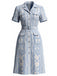Blaues 40er Kleid mit Pflanzenprint und Schlitz
