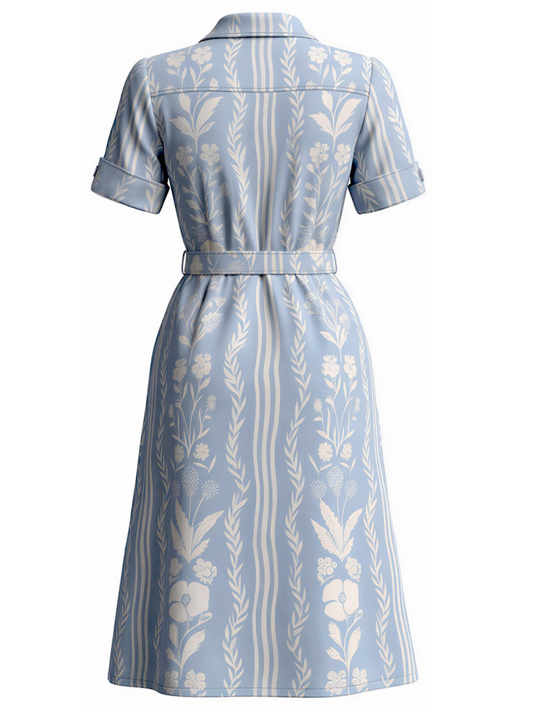 [Vorverkauf] Blaues 40er Hemdblusenkleid mit Pflanzenprint und Taschen