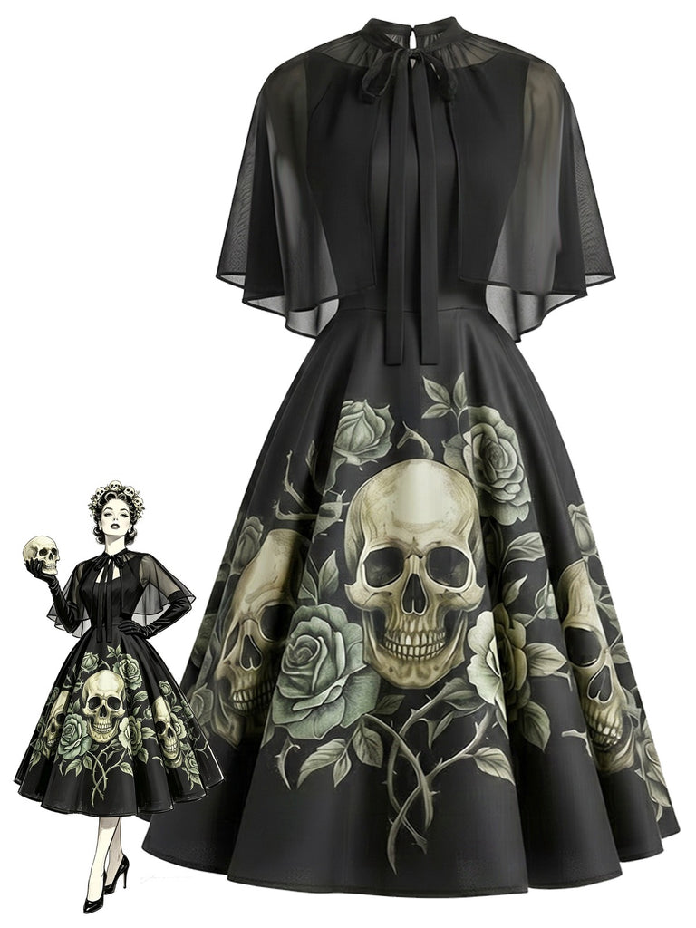 [Vorverkauf] 50er Gothic-Kleid mit Totenkopf-Rosen-Print und Cape-Ärmeln