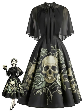 [Vorverkauf] 50er Gothic-Kleid mit Totenkopf-Rosen-Print und Cape-Ärmeln