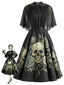 [Vorverkauf] 50er Gothic-Kleid mit Totenkopf-Rosen-Print und Cape-Ärmeln