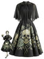 [Vorverkauf] 50er Gothic-Kleid mit Totenkopf-Rosen-Print und Cape-Ärmeln