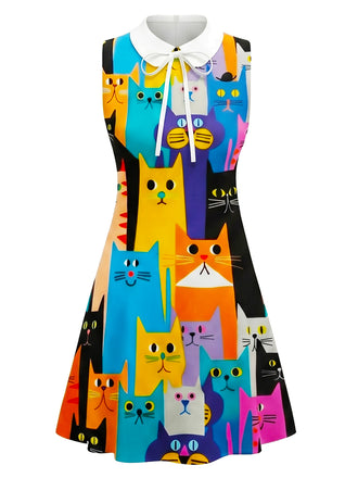 [Vorverkauf] Buntes 60er A-Linie-Kleid mit Katzen und Bubikragen