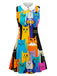 [Vorverkauf] Buntes 60er A-Linie-Kleid mit Katzen und Bubikragen