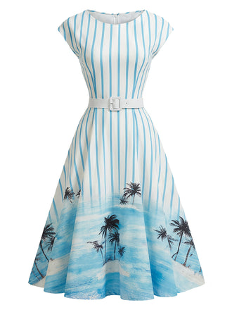 Blaues 50er Swingkleid mit Print und Palmen