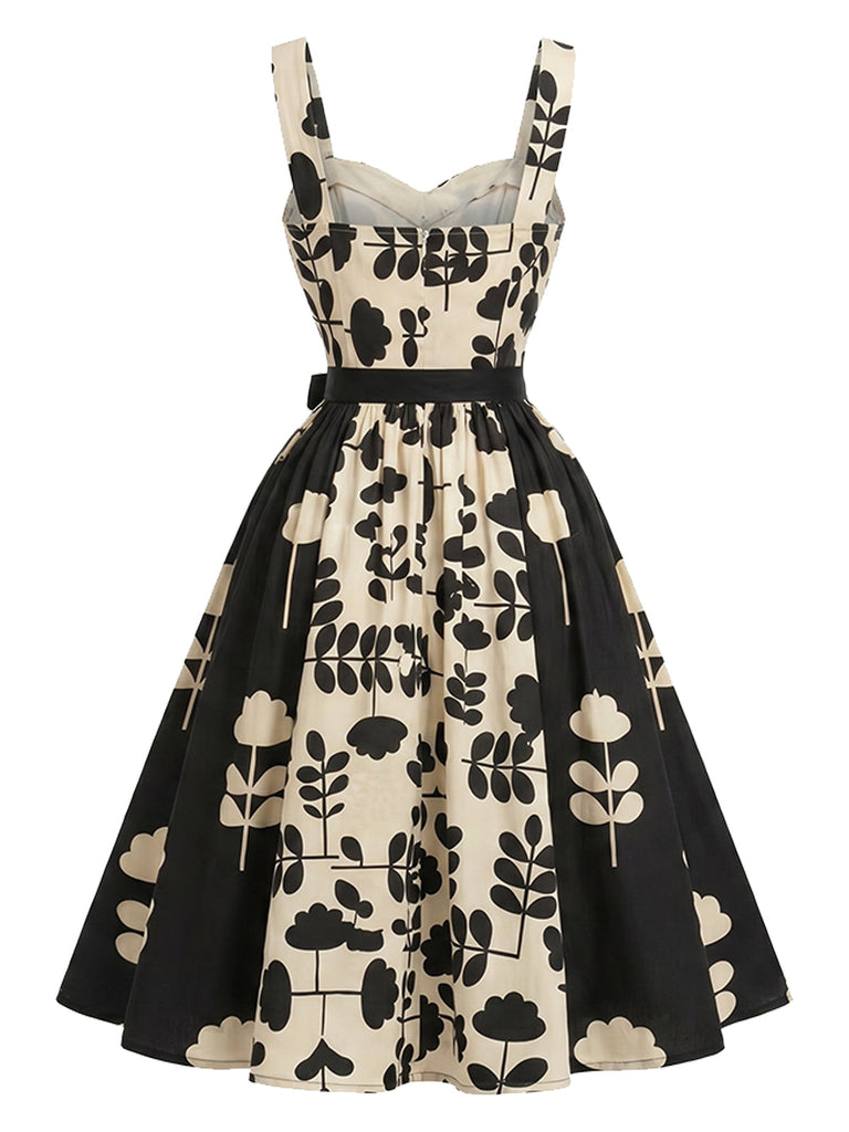Schwarzes & Weißes 50er A-Linien-Kleid mit Blumen