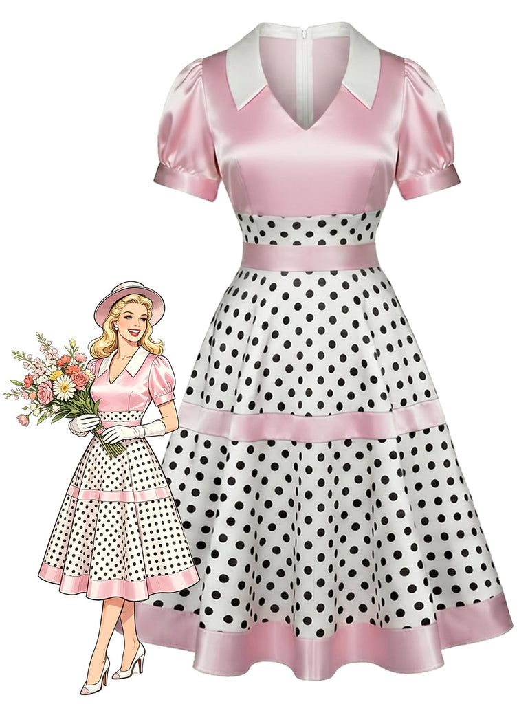Rosa 50er Satin-Kleid mit Polka-Dots und V-Ausschnitt