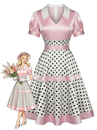 Rosa 50er Satin-Kleid mit Polka-Dots und V-Ausschnitt