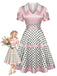 Rosa 50er Satin-Kleid mit Polka-Dots und V-Ausschnitt