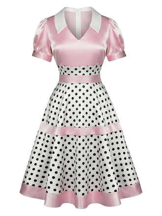 Rosa 50er Satin-Kleid mit Polka-Dots und V-Ausschnitt