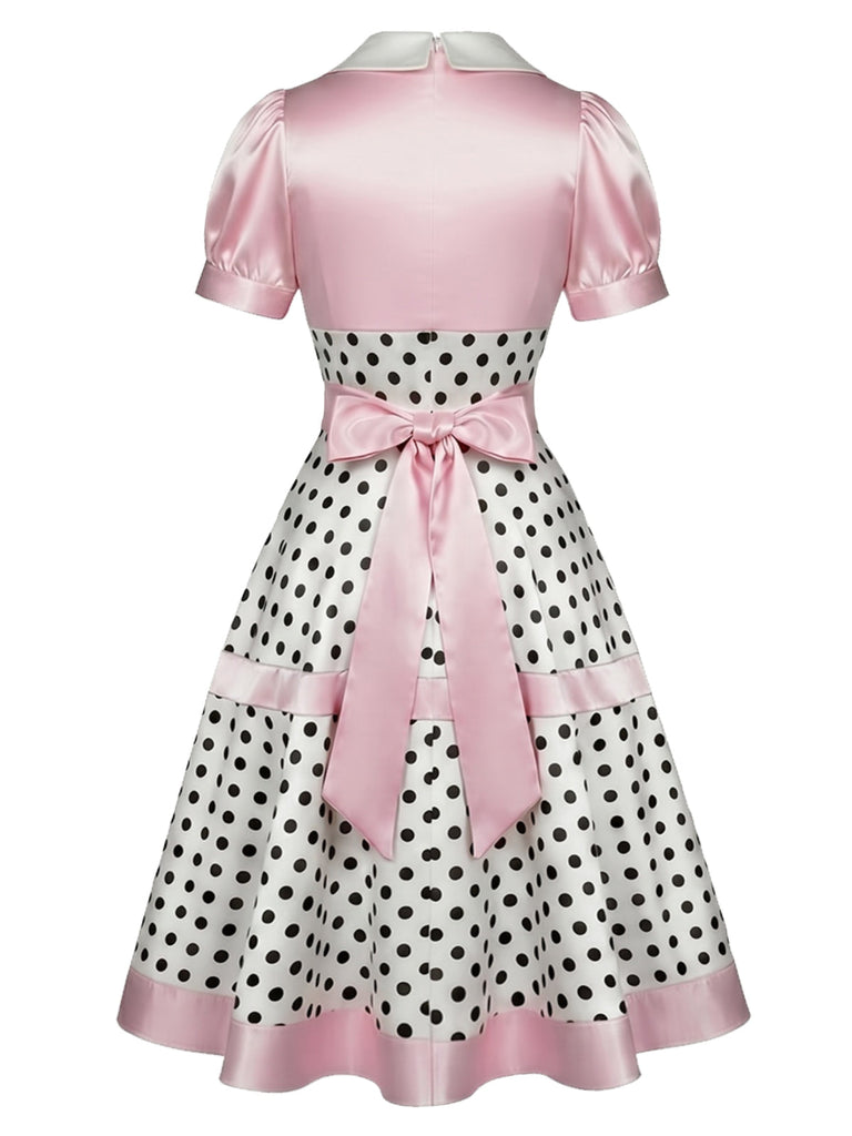 Rosa 50er Satin-Kleid mit Polka-Dots und V-Ausschnitt