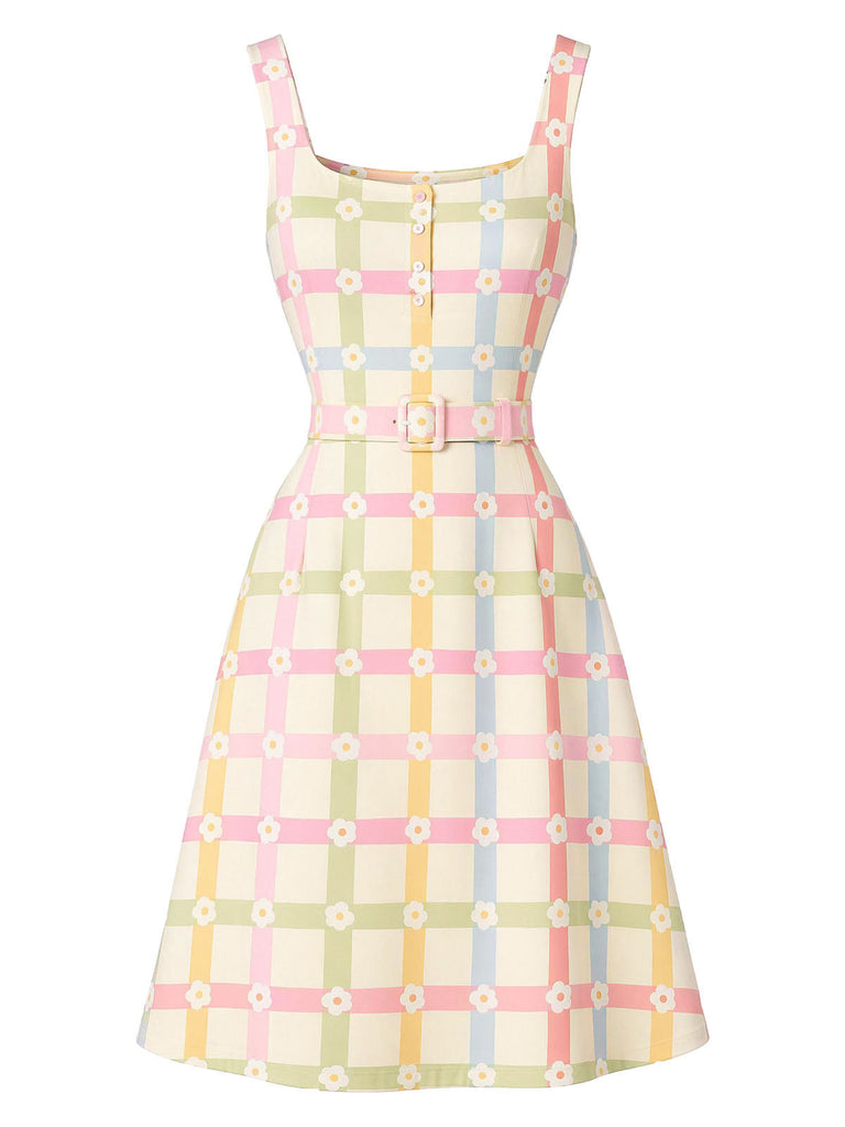 Beige 60er A-Linie Kleid mit Karo und Blumen