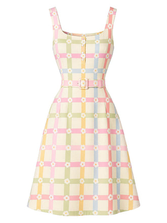 Beige 60er A-Linie Kleid mit Karo und Blumen
