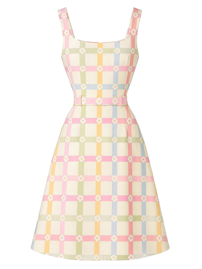 Beige 60er A-Linie Kleid mit Karo und Blumen