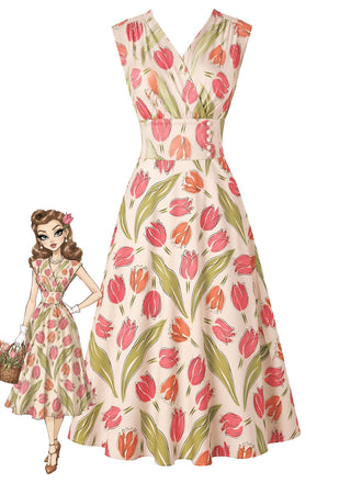 50er Ärmelloses Kleid mit Wickelausschnitt und Tulpen