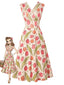 [Vorverkauf] 50er A-Linien-Kleid mit Tulpen-Print und Wickelausschnitt