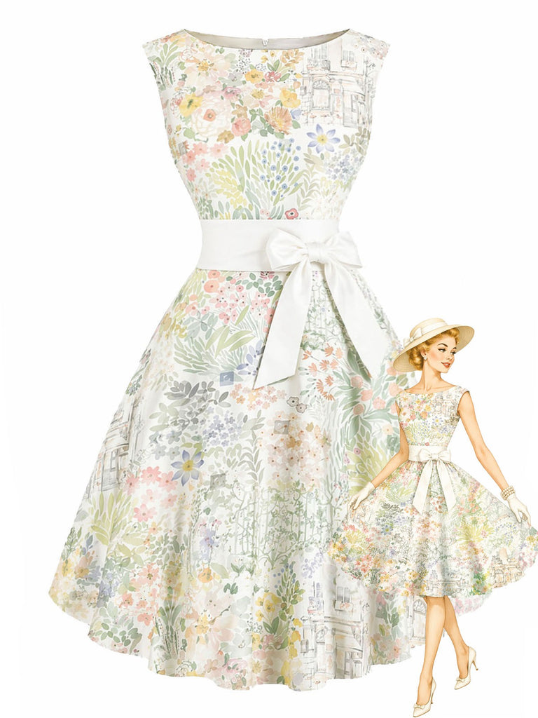 [Vorverkauf] 50er Rockabilly-Kleid mit Aquarell-Blumenprint und Schleife
