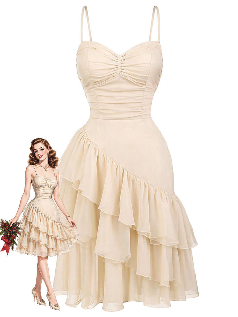 Beige 30er Trägerkleid mit Raffung und asymmetrischen Volants