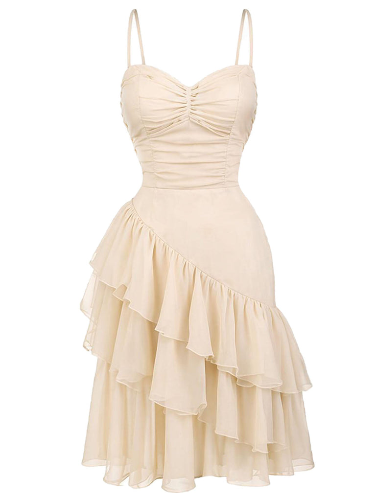 Beige 30er Trägerkleid mit Raffung und asymmetrischen Volants