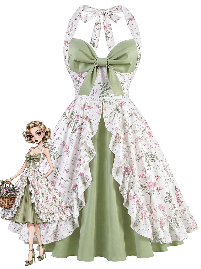 Grünes & Graues 50er Kleid mit Neckholder und Blumen