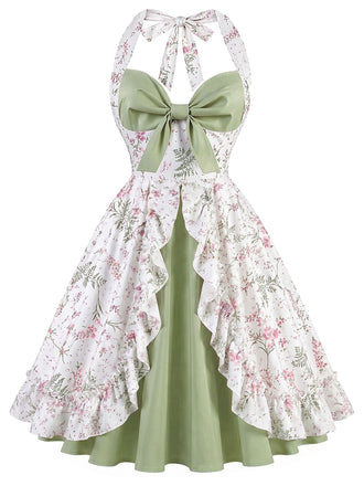 Grünes & Graues 50er Kleid mit Neckholder und Blumen