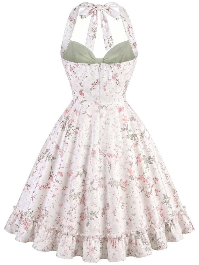Grünes & Graues 50er Kleid mit Neckholder und Blumen