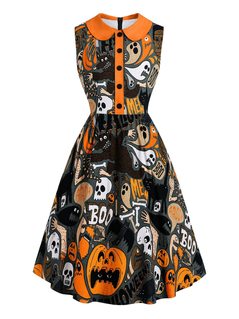 Schwarzes 60er Halloween Kleid mit Bubikragen
