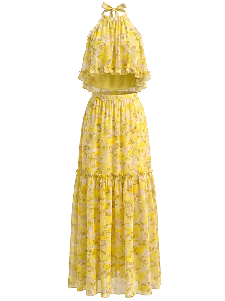 80er Chiffon-Top mit Rüschen und Blumen