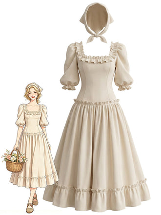Cremefarbenes 70er Kleid mit Karree-Ausschnitt