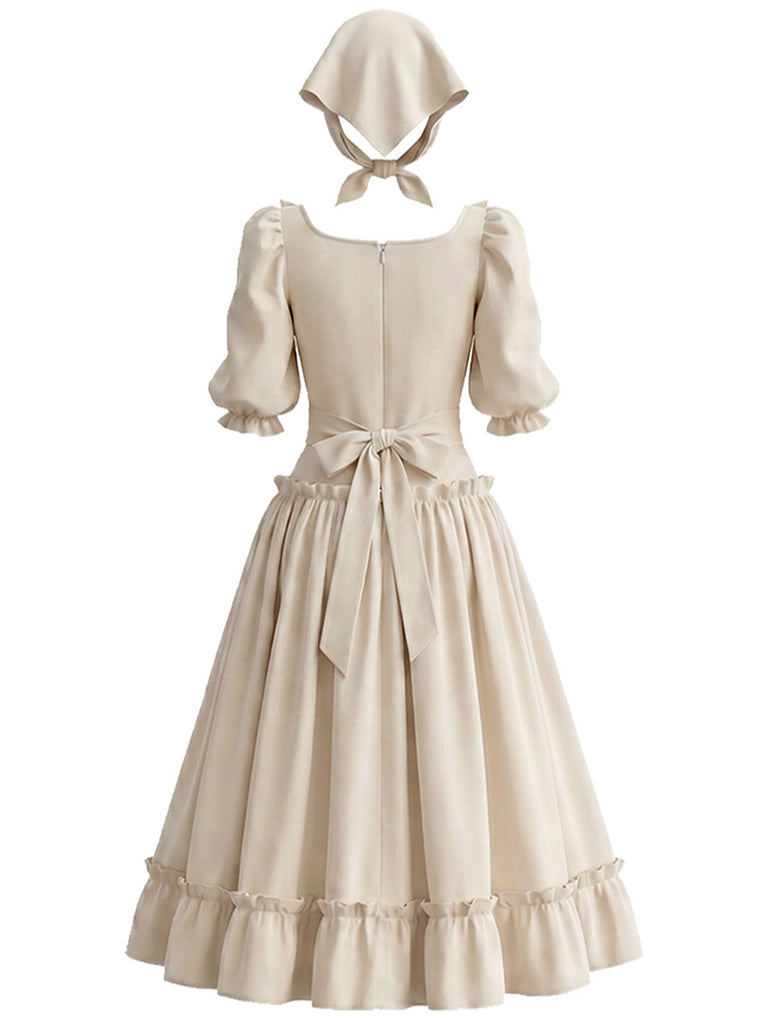 Cremefarbenes 70er Kleid mit Karree-Ausschnitt