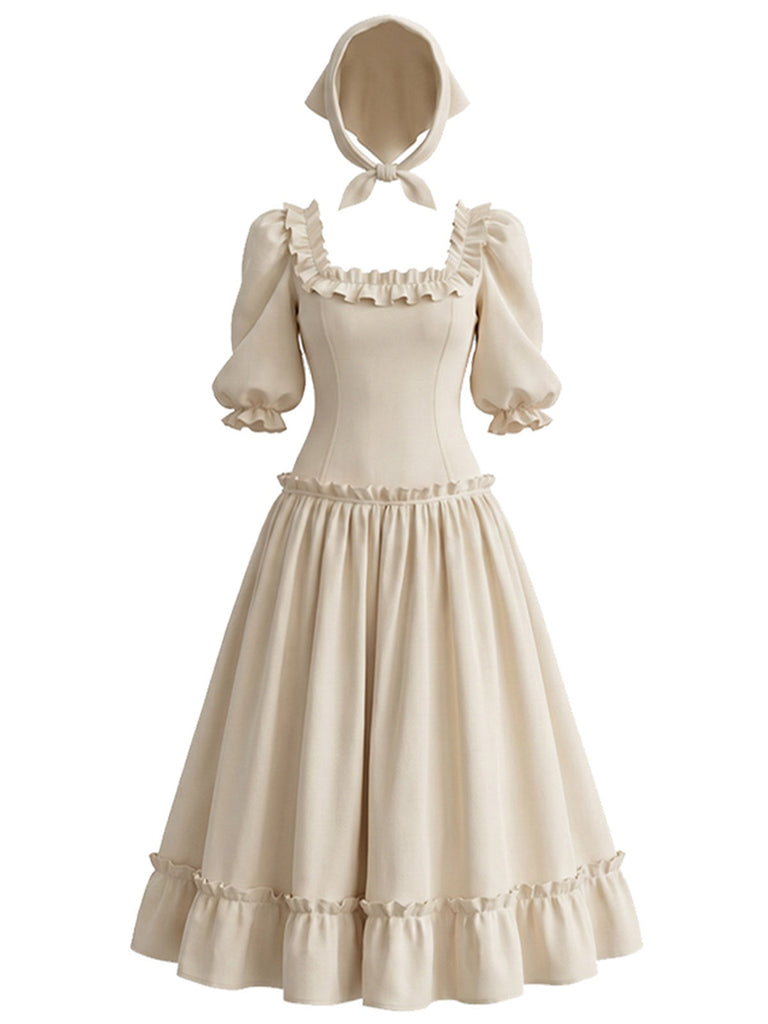 Cremefarbenes 70er Kleid mit Karree-Ausschnitt