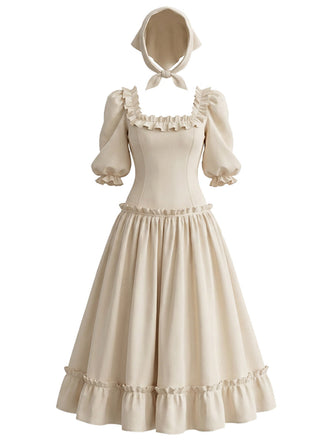 Cremefarbenes 70er Kleid mit Karree-Ausschnitt