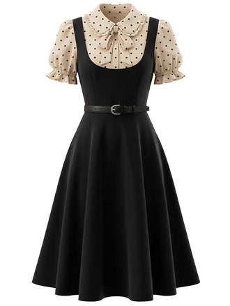 Schwarzes 40er Kleid mit Peter-Pan-Kragen und Polka-Dots